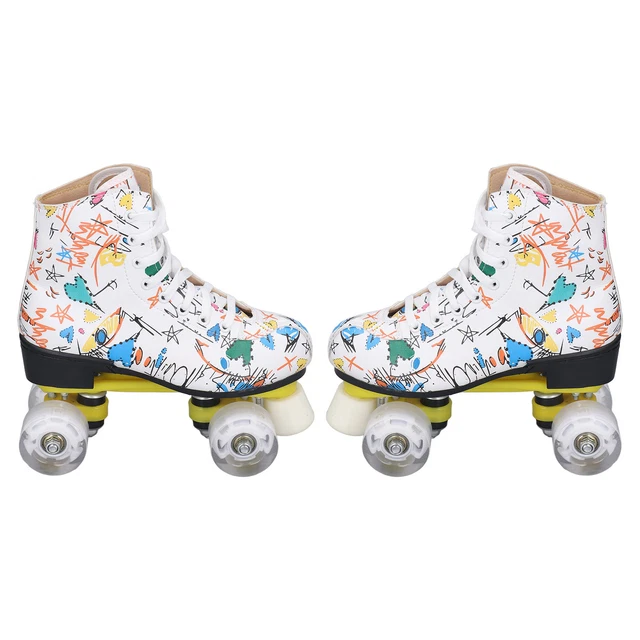 Double Row 4 Wheel Roller Skates White Graffiti Roller Skates Skating Shoes For