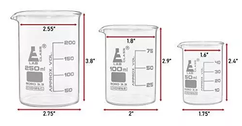 Premium 3pc Glass Beakers Set 50mL 100mL 250mL - Low Form Lab Beakers - Boros... 3