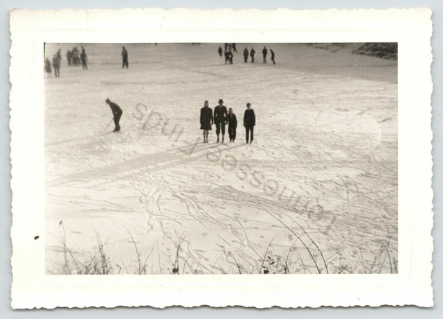 Family Standing in Snow Skating Black & White Snapshot Winter Picture Photo