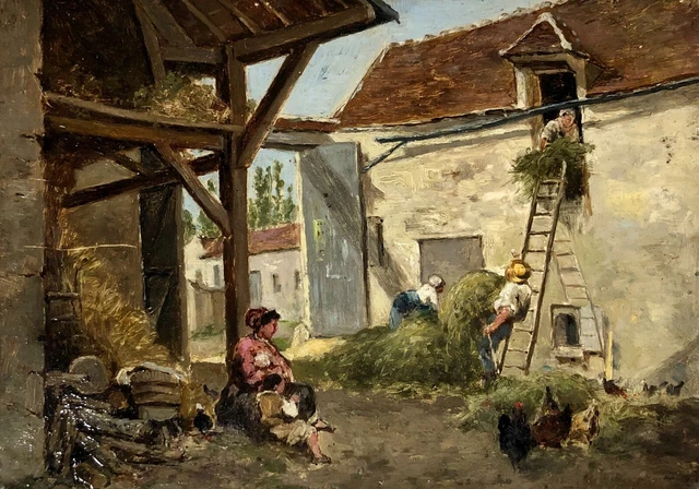Tableau Ancien, Cour De Ferme Animée, Huile Sur Panneau, Peinture, XIXe