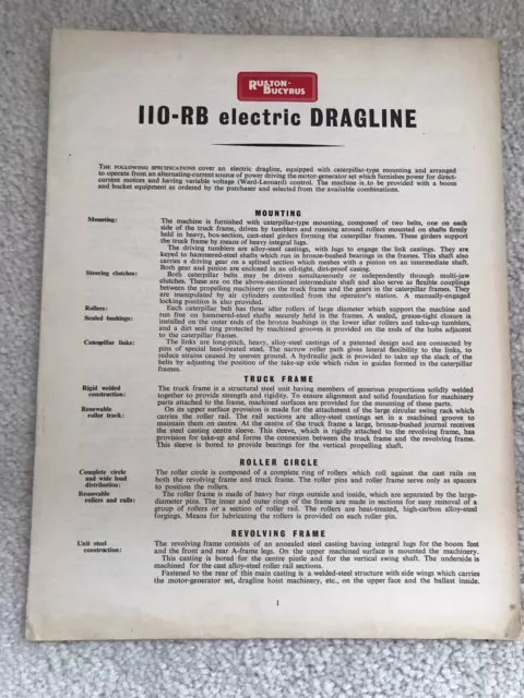 Rare Ruston Bucyrus 110-RB Electric Dragline Vintage Brochure