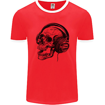 Skull Headphones Gothic Rock Music DJ Mens Ringer T-Shirt FotL