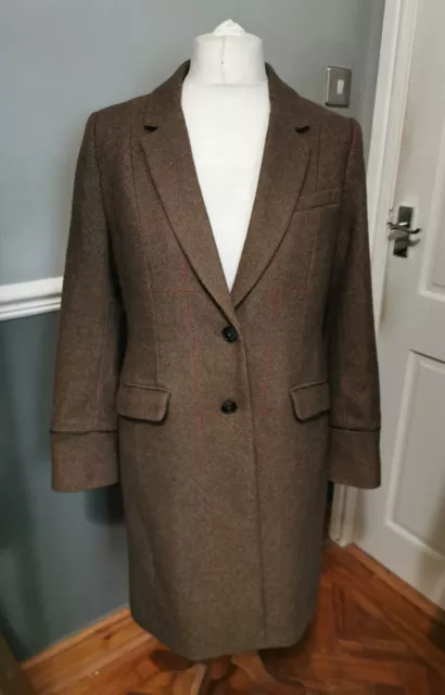 Joules 'Langley' Green Tweed Check Wool Coat Longline Jacket Size 14 Ret £279.00