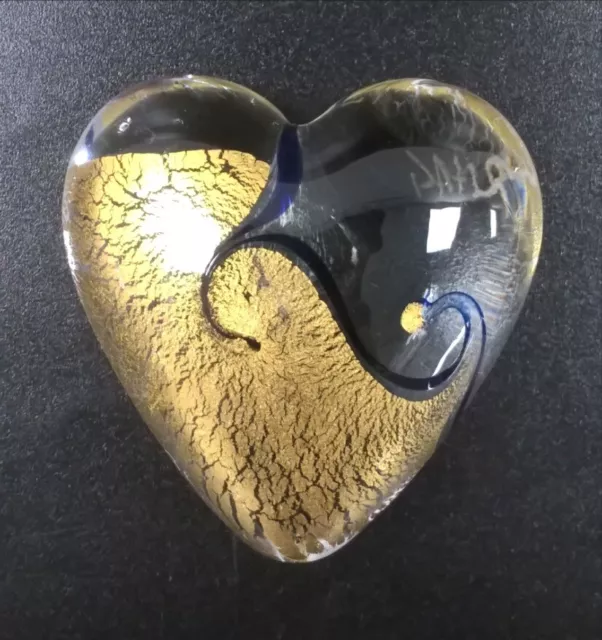 Robert Held Art Glass RHAG Gold & Blue Heart Paperweight Hand Made Collectible