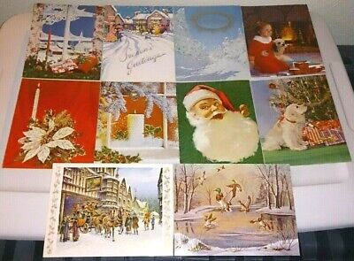 10 Holiday Merry Christmas Greetings Cards Vintage Santa Snow Puppy Sleigh Ride