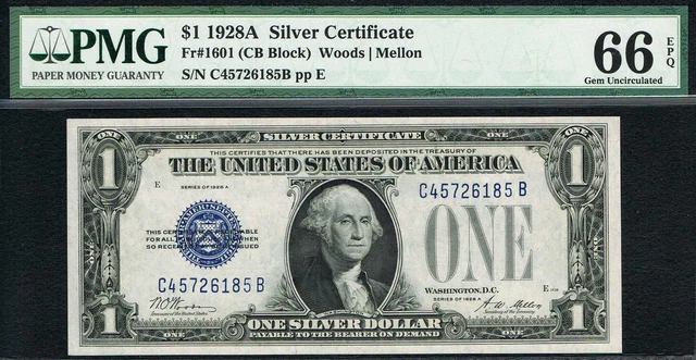 RARE CB BLOCK. $1 1928A  Silver Certificate. Fr. 1601. PMG 66 EPQ.