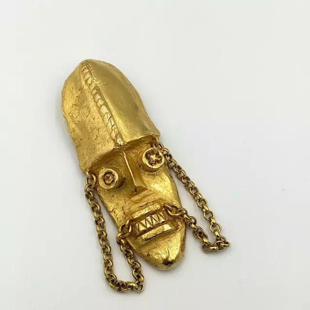 VINTAGE 90S DKNY Donna Karan Tribal Totem Mask Gold Tone Brooch Pin ...