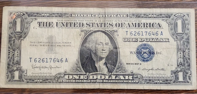 One Dollar Bill Silver Certificate Blue Seal Series 1957B - circulated  #24