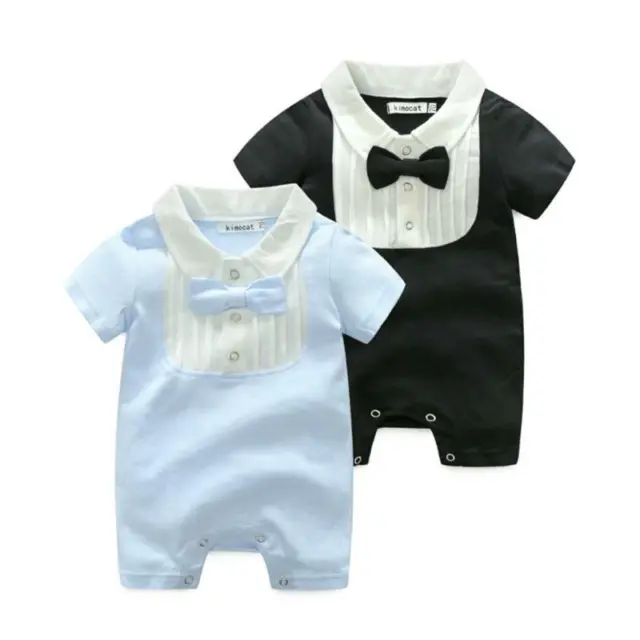 Baby Boy Wedding Christening Smart Summer Outfit Romper Tuxedo Bow Cotton Suit