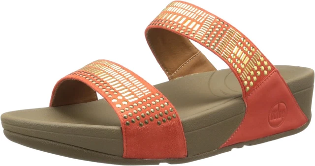FitFlop Women's Size 11 Aztek Chada Leather Slide Sandals Orange/ Gold