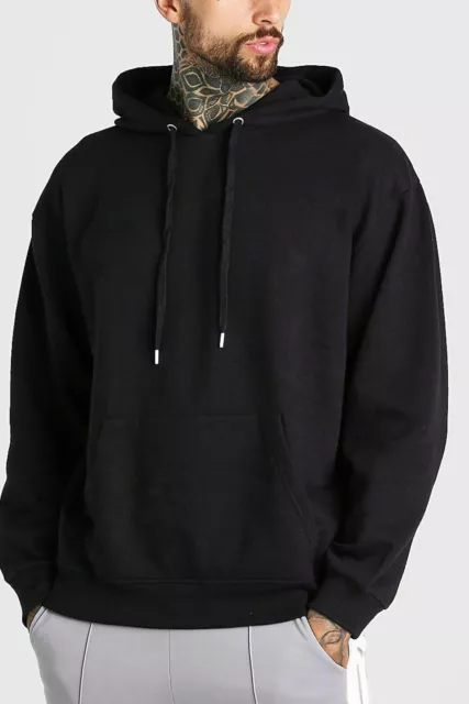 mens HOODIE sweatshirt jumper top black S M L XL fleece lined plain overhead