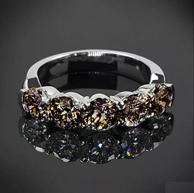 5 Stone 2.17 Ct Vvs1;:;Champagen Brown Moissanite Diamond Wedding Silver Ring