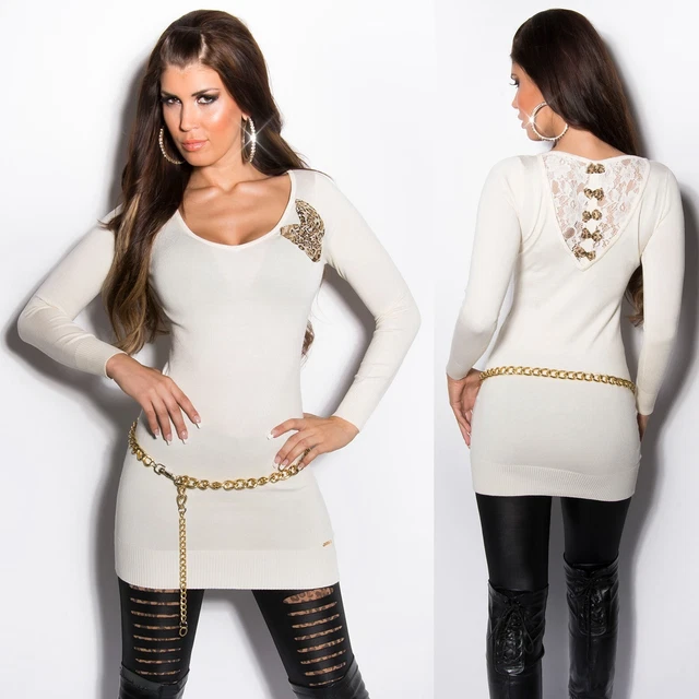 Maglione Donna Elegante Lungo Abito Bianco Invernale Scollo a V Vestito Maglia