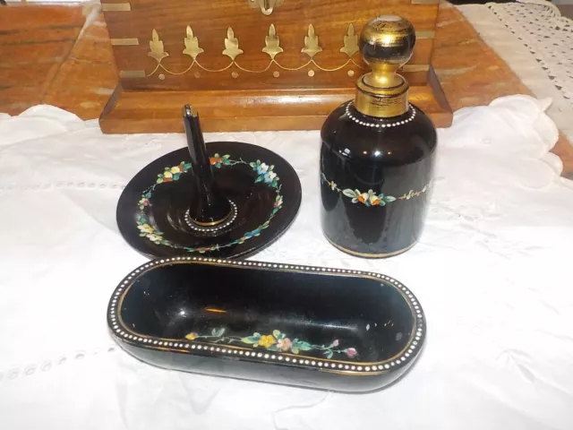 Art Deco 1920's Black Glass Perfume Dressing Table Bottle Ring Tree trinket Dish