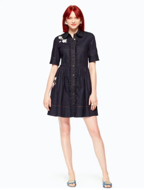 Camicia Kate Spade New York Broome Street ricamata in denim US 0 UK 4 nuovo con etichette