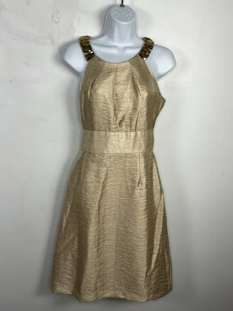 Ellen Tracy Dress Sz 8 Metallic Gold Sleeveless Sheath Knee Length Occasion