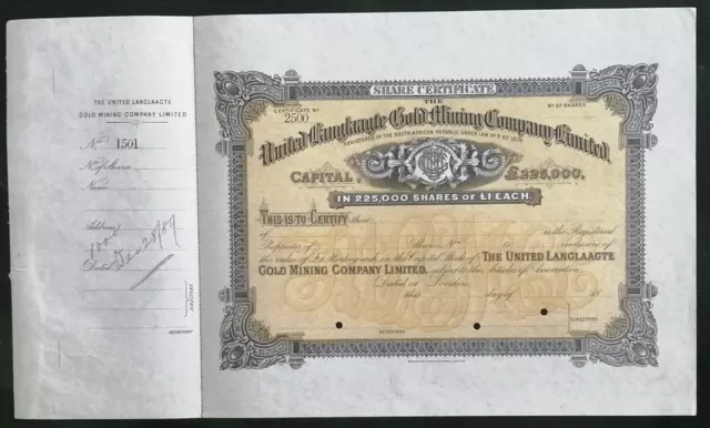 SOUTH AFRICA United Langlaagte Gold Mining Company specimen share 1889 Bradbury
