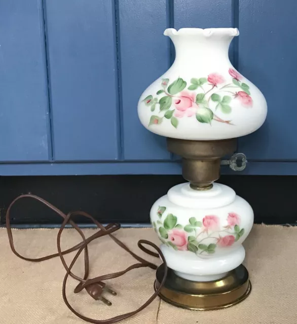 Vintage Hand Painted Pink Rose Floral Milk Glass Hurricane Lamp WORKS READ