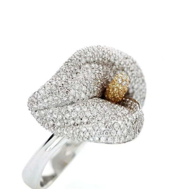 Cocktail White & Yellow CZ Stone Pave Set Engagement Ring 14K White Gold