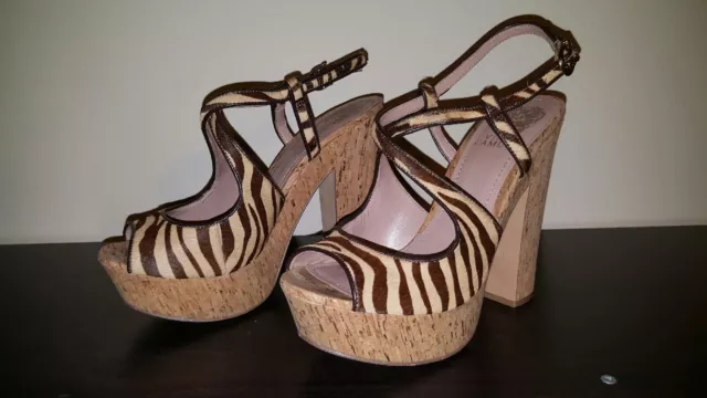 Women's Vince Camuto Brown/Tan Zebra Calf Hair Cork Platform Peep Toe Heels 8