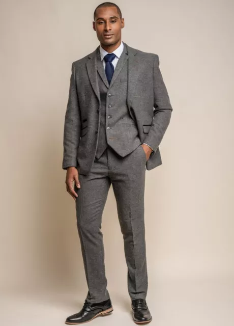 Mens Cavani 3 Piece Suit Herringbone Grey Tweed Slim Fit Formal Wedding Suit