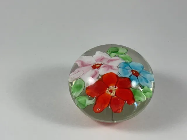 Vintage Hand Blown Art Glass Paperweight Of 3 Flowers