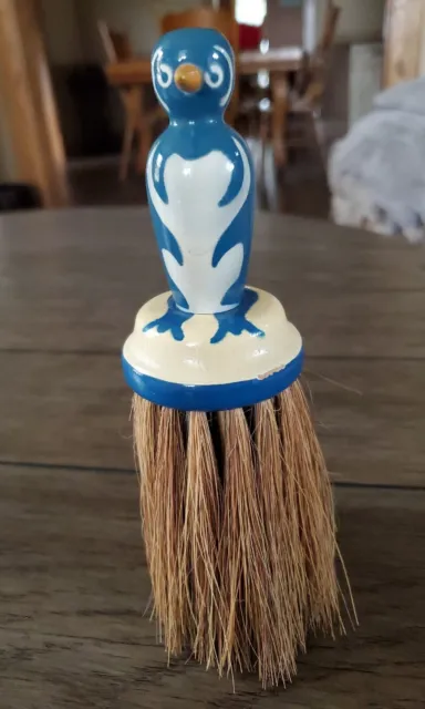 Vintage Penguin Blue And Cream Painted Wooden Clothing Brush 7.5”H