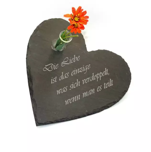 Herz aus Schiefer mit Blumenvase und Wunschgravur 17cm handbehauen