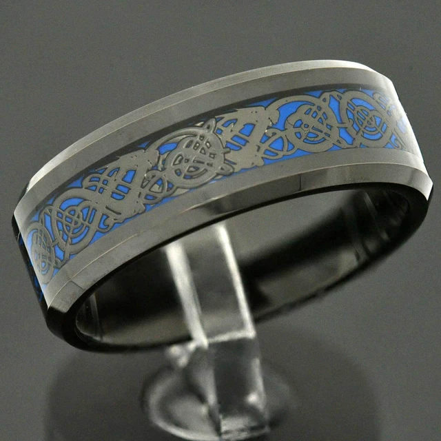 8mm Black Tungsten Carbide Celtic Dragon Bevel Edge Men Engagement Wedding Band