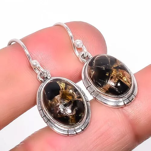 Natural Copper Black Turquoise 925 Sterling Silver Earrings For Girls 1.37"