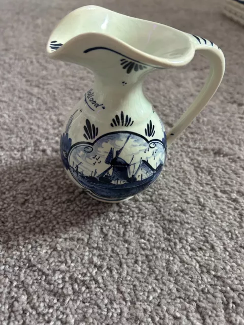 Vintage Delft Blue Hand Painted Holland Small Pitcher With Windmill Scene