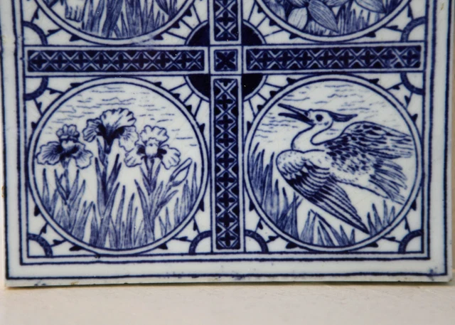 MINTON HOLLINS & CO BLUE and WHITE TILE - Kingfisher, Heron, Lillies - 2 of 2 3