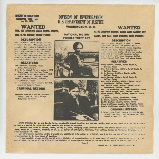 Bonnie and Clyde - Vintage DOI Issued Wanted Notice - U.S. DOJ, Washington, DC