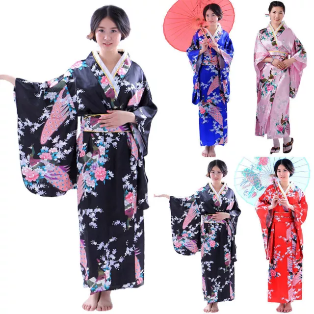 Japanese Woman Floral Kimono Satin Robe Yukata Geisha Show Cosplay Costume ▫