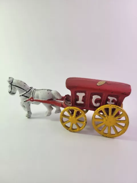 Vintage Cast Iron White Horse Drawn Red Ice Cart Buggy Wagon Toy Vintage