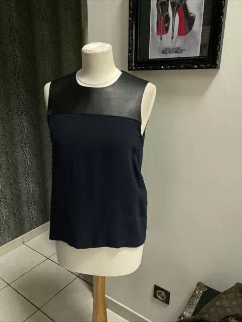 Haut top BURBERRY taille 38 cuir noir soie marine tres bon état comme Neuf