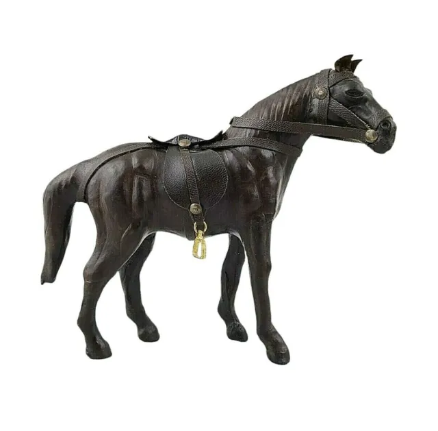 Horse Leather Wrapped Vintage Figure Equestrian Figurine Statue Dark Brown 6.5"