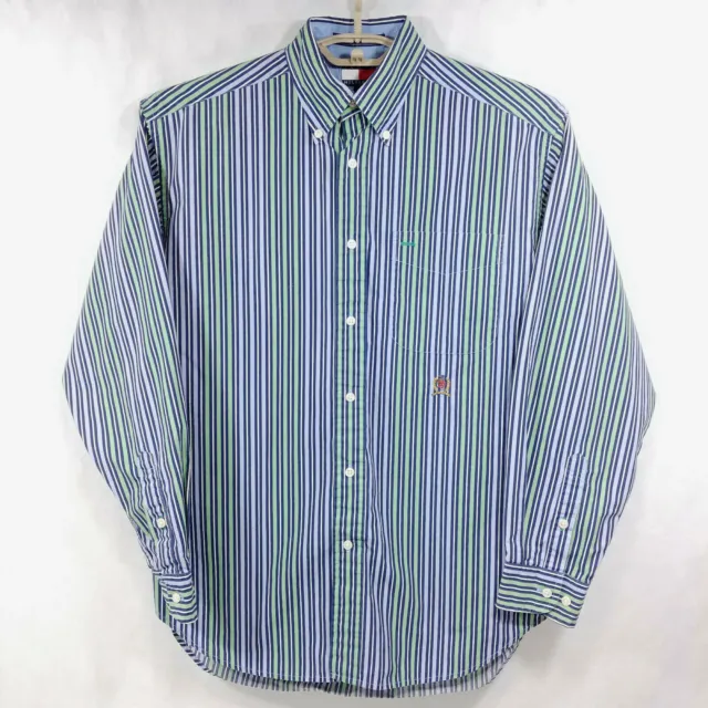Tommy Hilfiger Vtg Crest Logo Shirt Mens S L/S Button Down Striped Cool Cotton