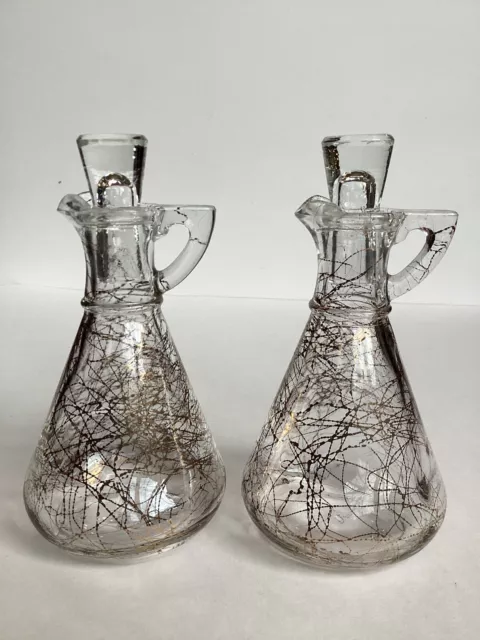 Vintage Hazel Atlas Oil & Vinegar Cruet Set Clear Glass Gold Spatter String