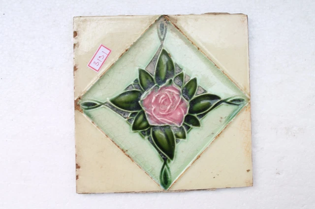 Antique Rose Flower Engrave Nouveau Art Majolica Ceramic Tiles Japan Made NH3131