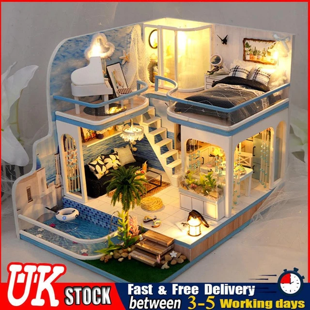 UK Wooden Model House Kit with Dust Cover/Light/Accessories Mini House Kit