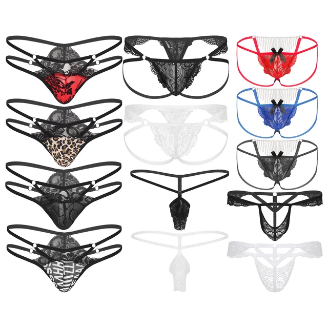 MENS SHEER LACE Bulge Pouch G-string Low Rise Strappy T-back Thong