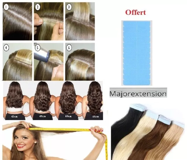 TAPE EXTENSIONS CHEVEUX POSE A FROID 100% NATUREL REMY HAIR 49-60CM AAA 24/48h 2