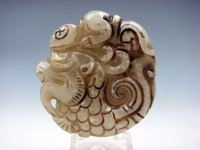 OLD NEPHRITE JADE Stone Carved Pendant Ancient Figurine Riding Dragon ...