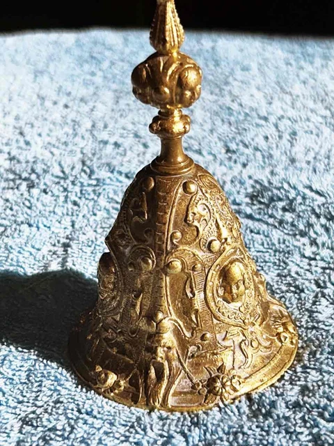 Sonnette De Comptoir Vintage – Laiton Et Métal, Pied Fleur/feuille, Objet Décoratif XXe