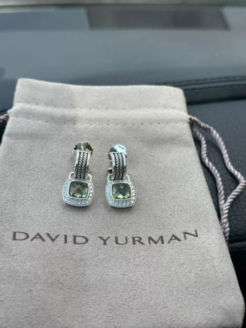 David Yurman Sterling Silver 7mm Albion Drop Earrings Prasiolite w/ Diamonds