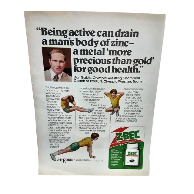 Z BEC Vitamins Dan Gable Olympic Wrestling Champ vintage 1980 Magazine Ad