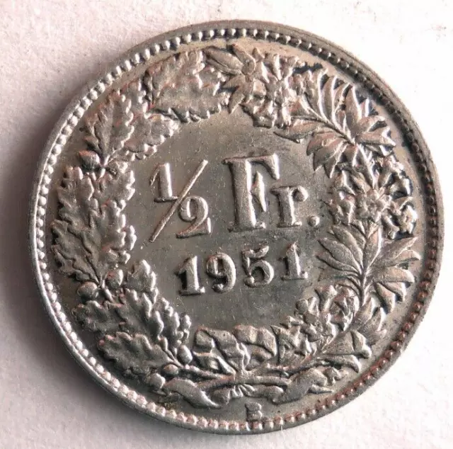 1951 SWITZERLAND 1/2 FRANC - Excellent Silver Coin - FREE SHIP - Vintage Bin #25
