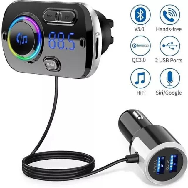 Kit Mains Libre Voiture Transmetteur FM Bluetooth 5.0 Adaptateur Radio sans Fil