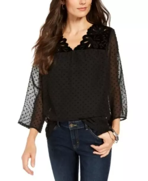 MSRP $60 Style & Co Mixed-Media Sheer-Sleeve Blouse Black Size Small